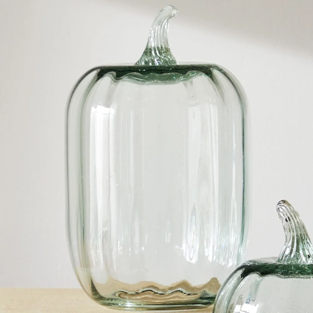 West Elm Artisanal Blown Recycled Glass Large Pumpkin Candle Cloche Decor